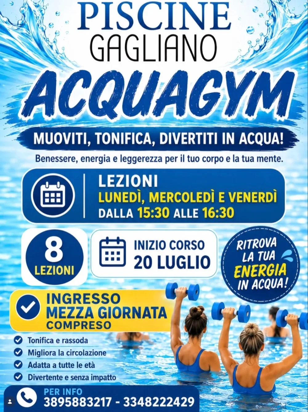Locandina del corso di acquagym alle Piscine Gagliano, dal 20 luglio 2026