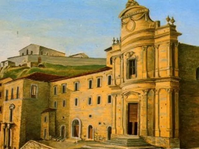 Veduta dipinta della chiesa del Carmine e del convento adiacente, in toni d'ocra