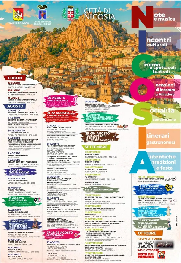 Locandina dell'Estate Nicosiana 2026, dal 29 luglio all'11 ottobre, con la piazza illuminata e i campanili di Nicosia