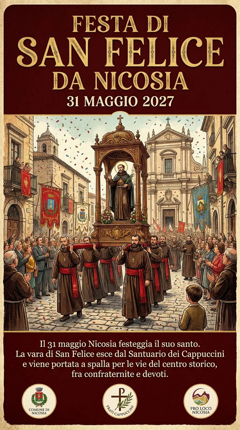 Locandina della Festa di San Felice da Nicosia, 31 maggio 2027, con la vara portata a spalla fra le confraternite