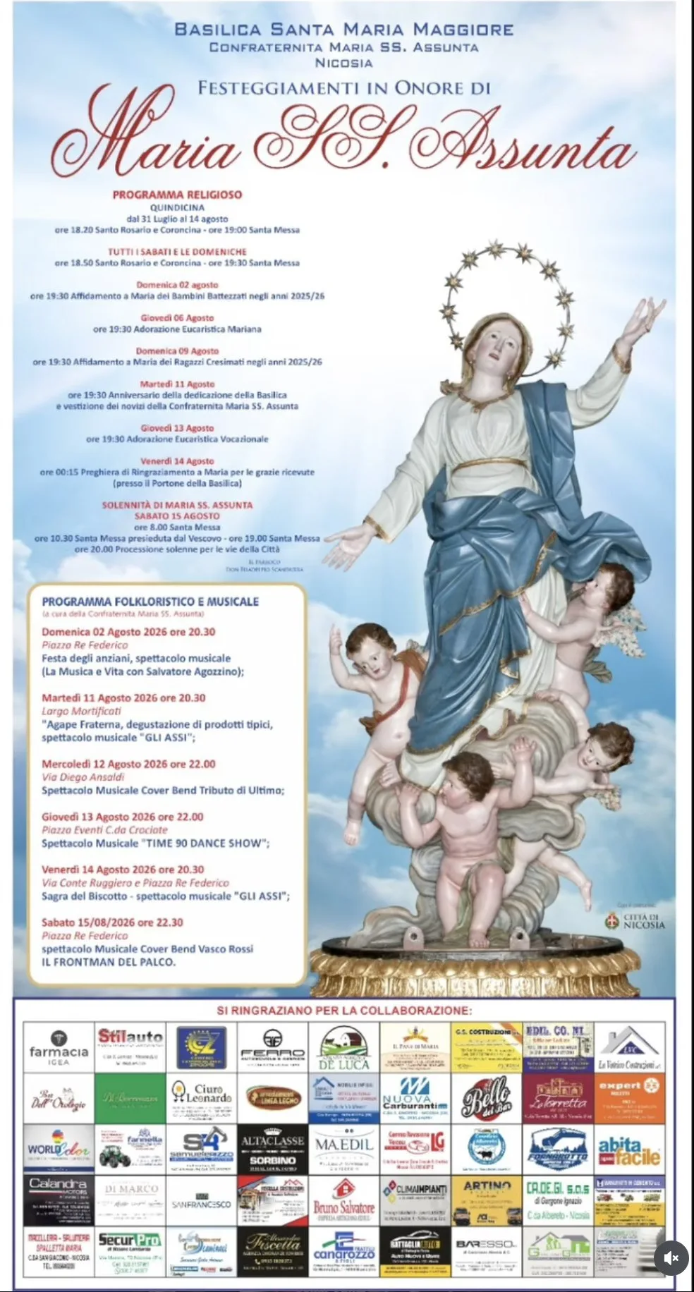 Poster of the 2026 Maria SS. Assunta feast in Nicosia, with the religious and music programme and the statue of the Madonna held by angels