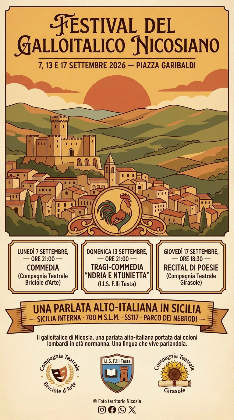 Locandina del Festival del Galloitalico Nicosiano, 7, 13 e 17 settembre 2026 in Piazza Garibaldi, col castello e il gallo