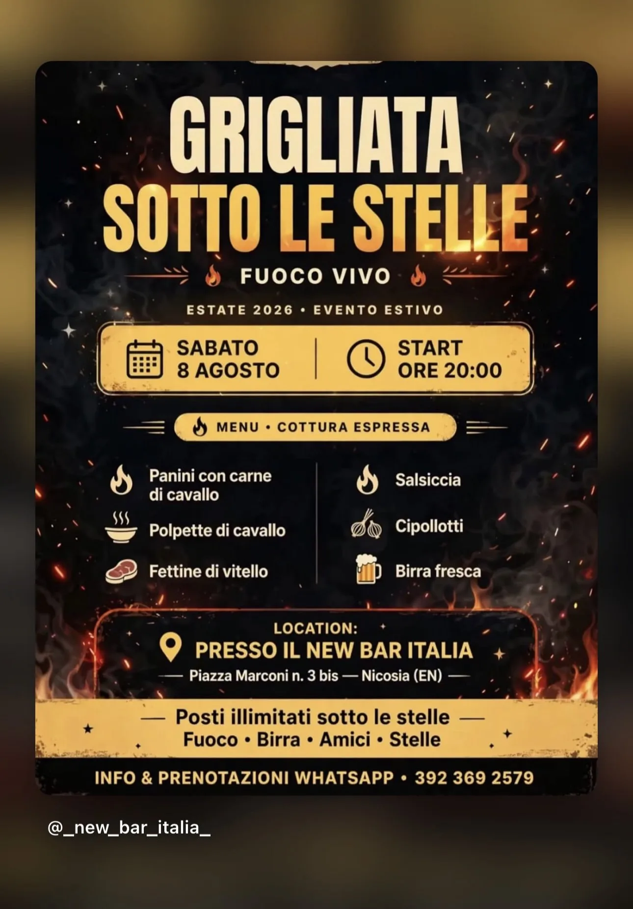 Barbecue under the Stars poster at New Bar Italia — Saturday 8 August 2026, Piazza Marconi, Nicosia