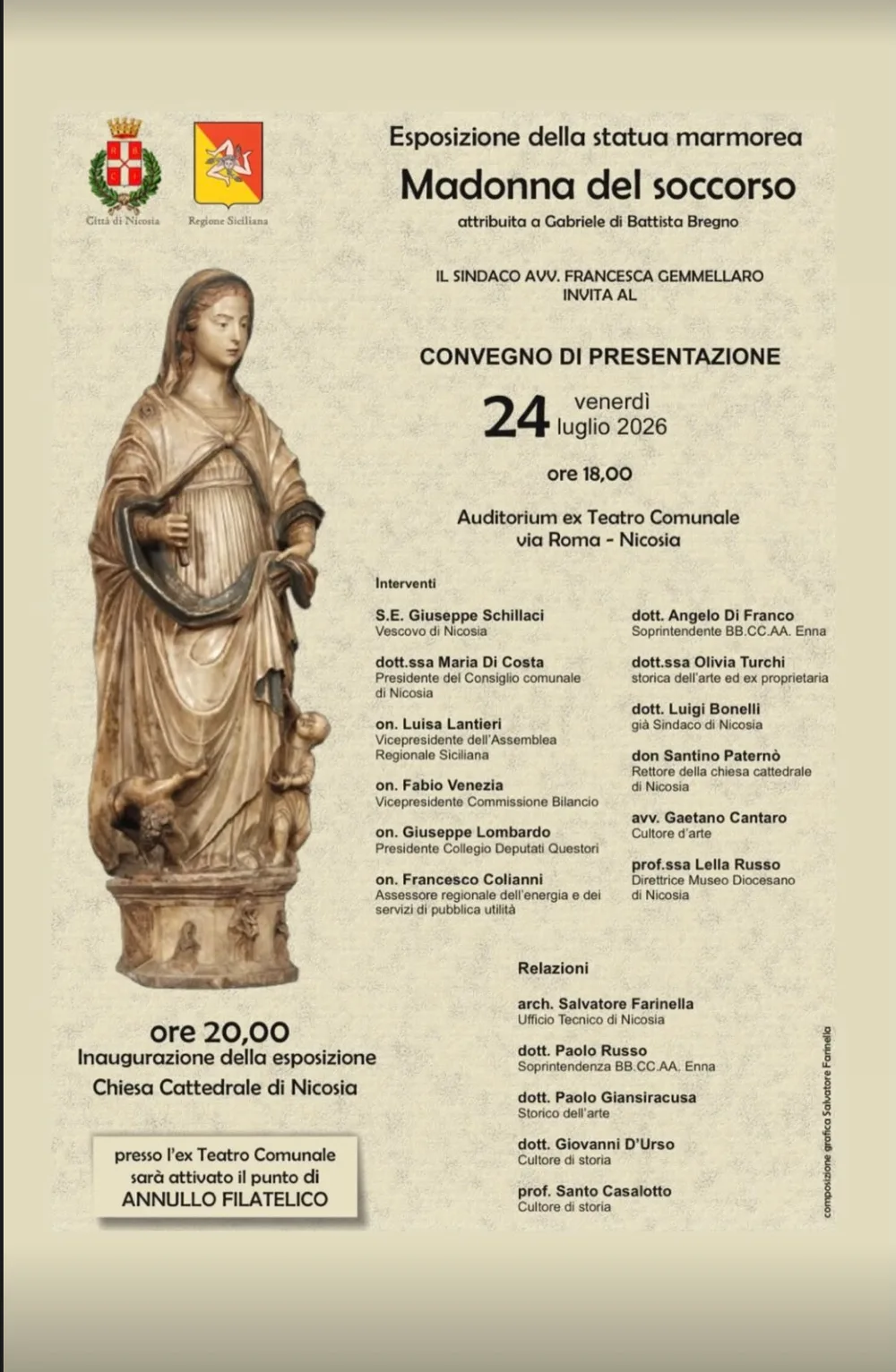 Locandina dell'esposizione della statua marmorea della Madonna del Soccorso, Nicosia, 24 luglio 2026
