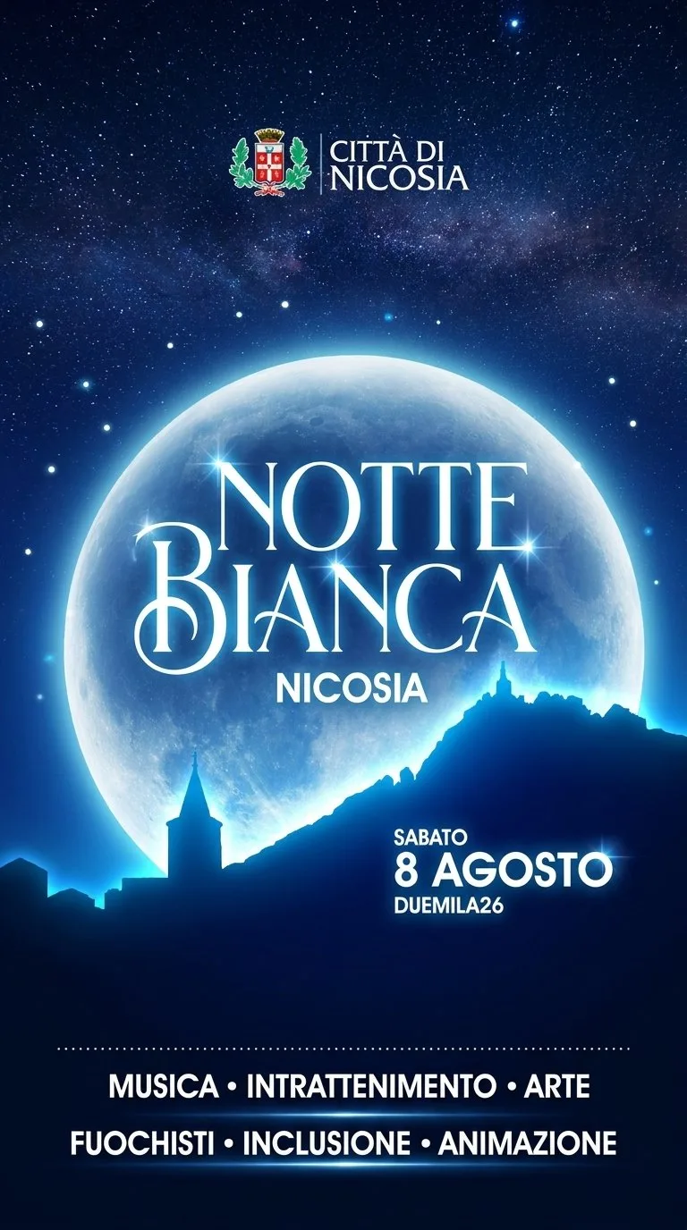 Locandina della Notte Bianca di Nicosia, sabato 8 agosto 2026: luna piena sul profilo del centro storico, Città di Nicosia