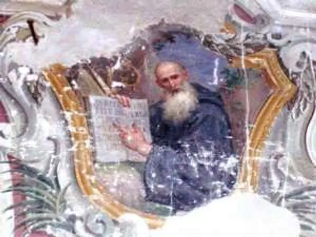 Affresco della volta: un santo barbuto in abito scuro con un libro aperto, entro una cornice rococò