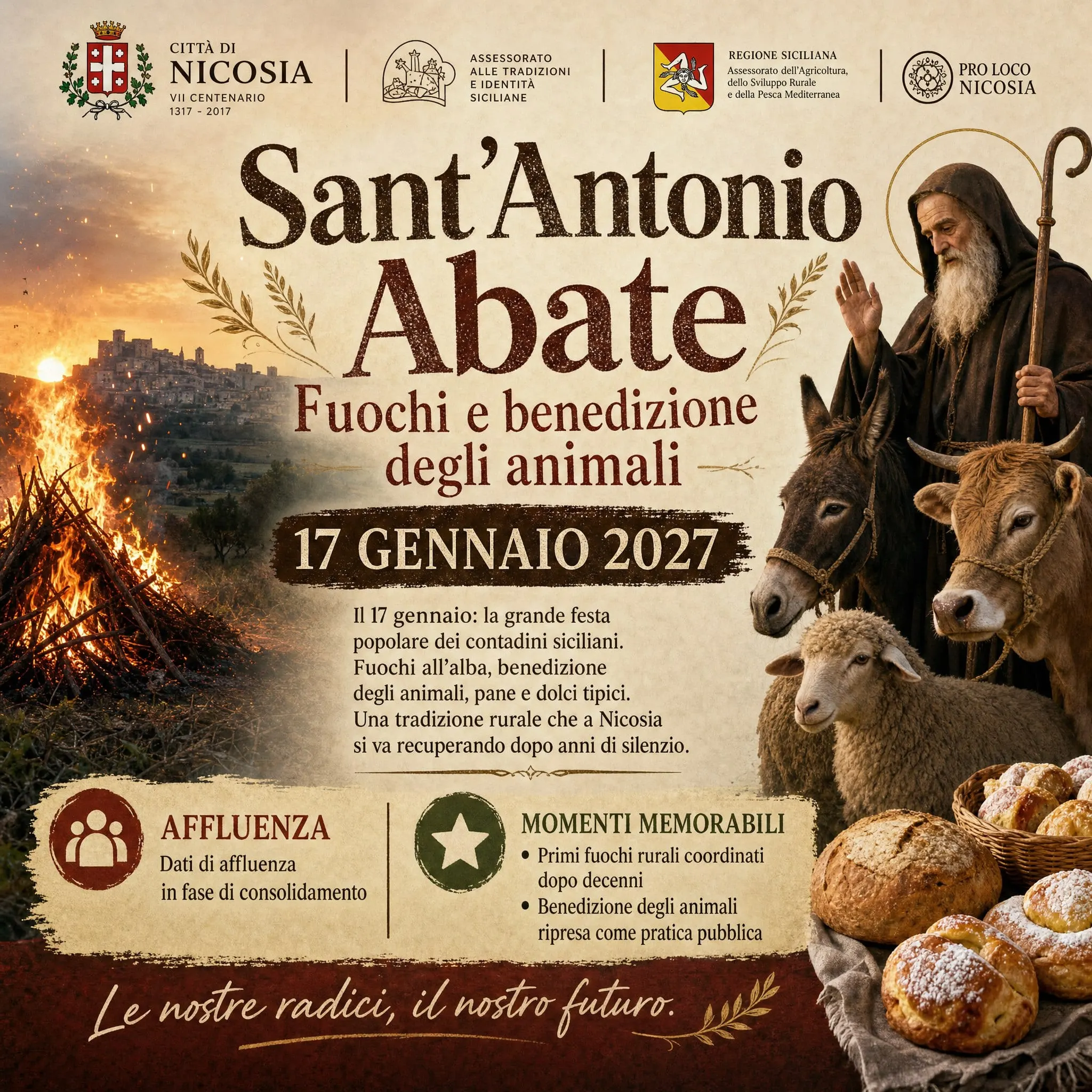 Locandina di Sant'Antonio Abate a Nicosia, 17 gennaio 2027, con il falò, gli animali benedetti e i dolci della tradizione