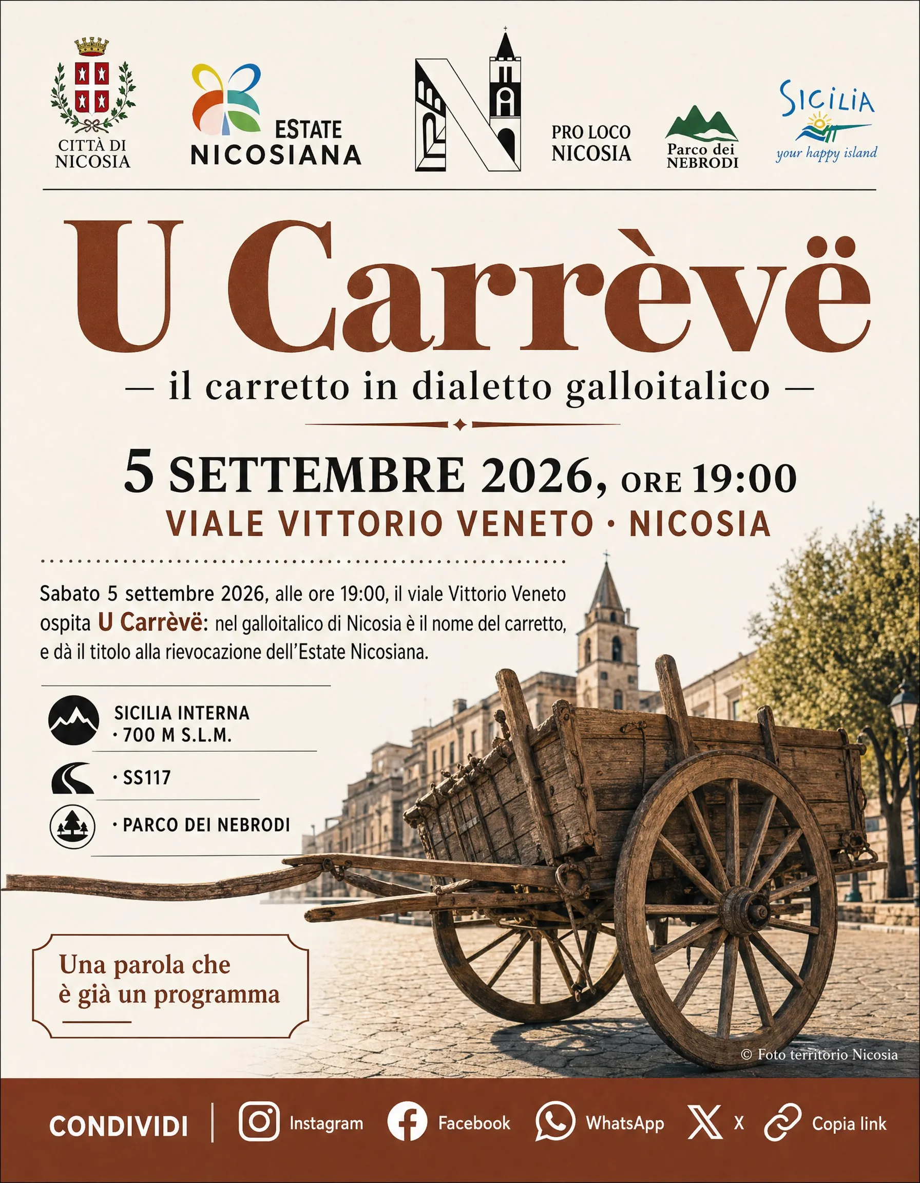 Locandina di U Carrèvë, 5 settembre 2026 alle 19 in viale Vittorio Veneto a Nicosia, con un carretto siciliano in strada