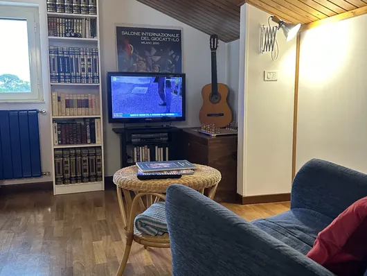Zona salotto con poltrona blu, libreria, televisore e chitarra sotto il soffitto in legno
