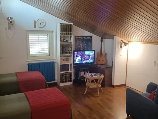 Vista d'insieme della mansarda: soffitto in legno, due letti singoli, salotto e libreria